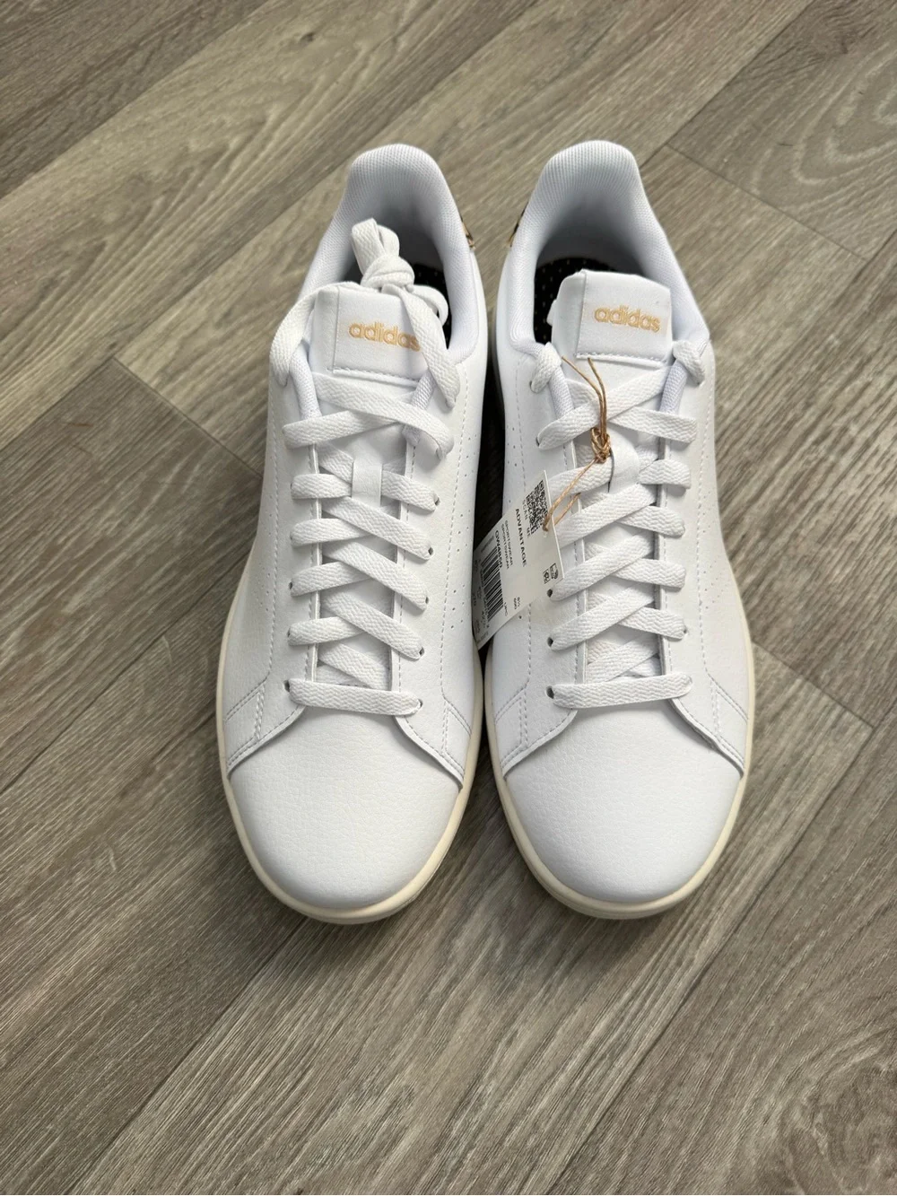 adidas White Leather Sneaker with Gold Heel Accent